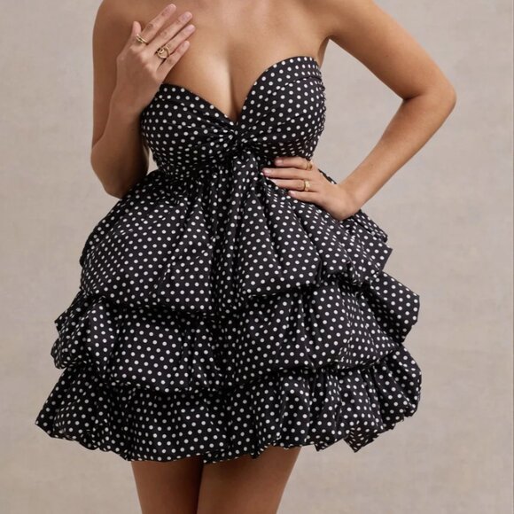Club L London Pepper Black Polka Dot Strapless Ruffled Mini Dress Size 6 - Picture 3 of 13